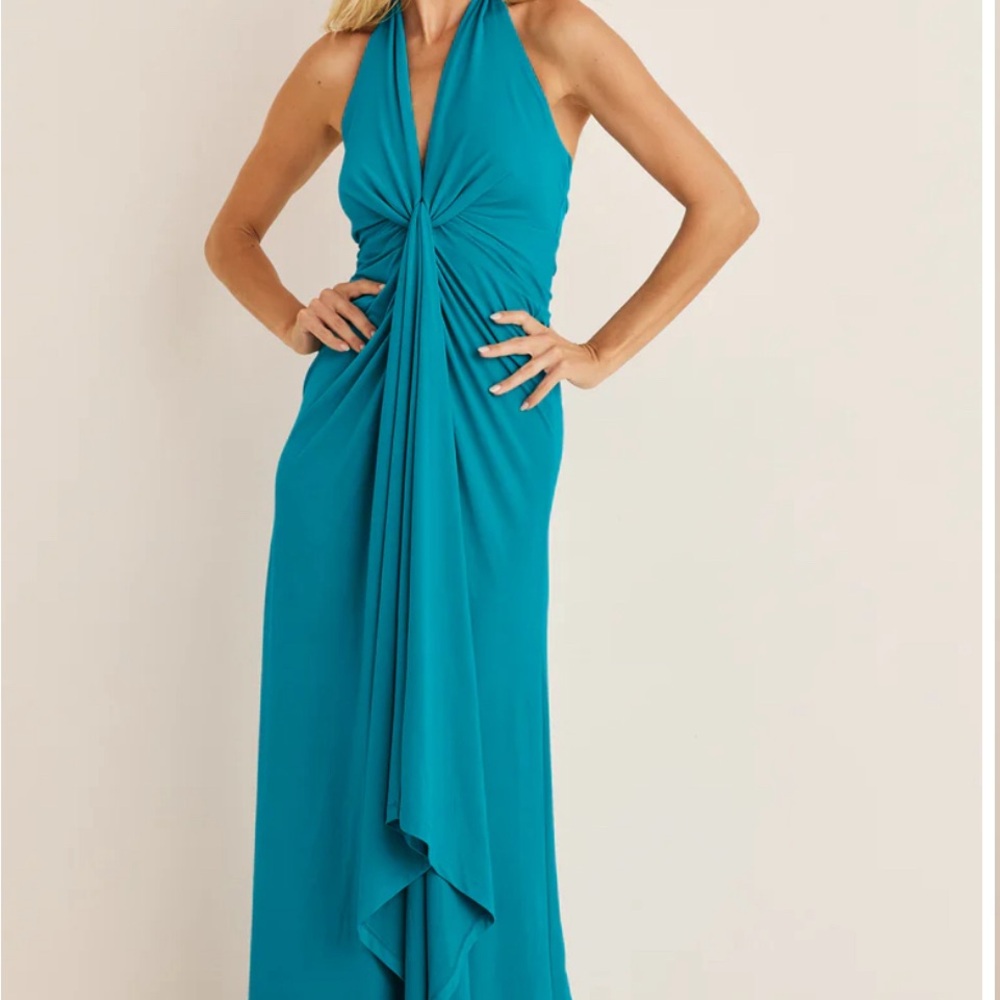 Plunging Knot Maxi Dress Size XS (2) Turquoise Summer Halter Dress